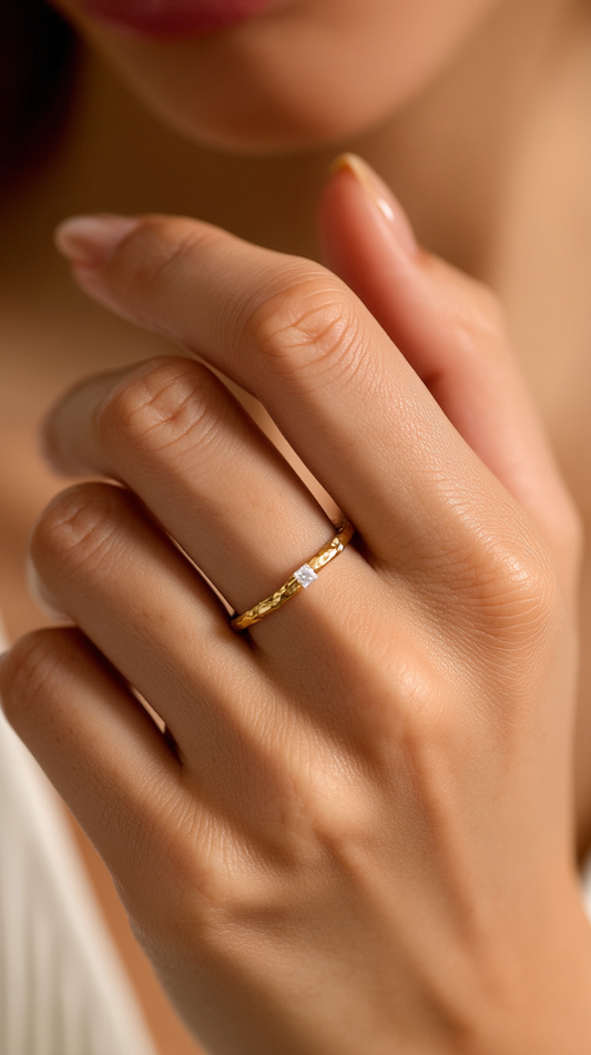 Minimalist gold hammered diamond ring