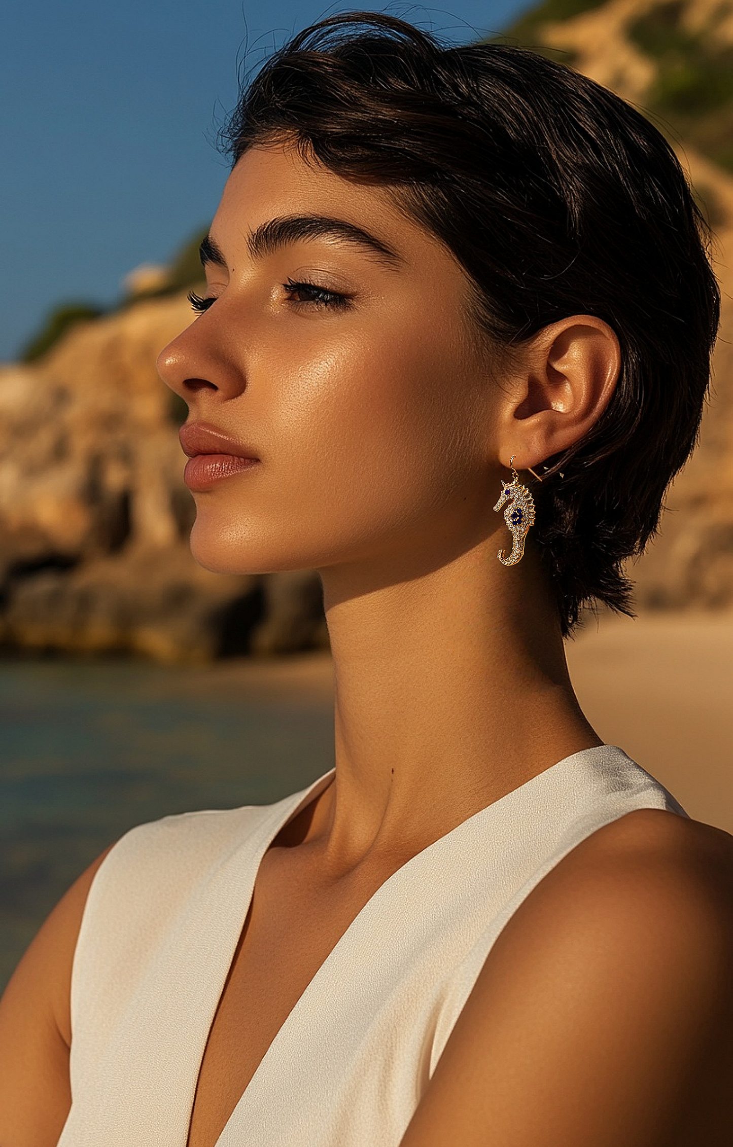 Marella series |gold-plated seahorse and pearl asymmetric earrings